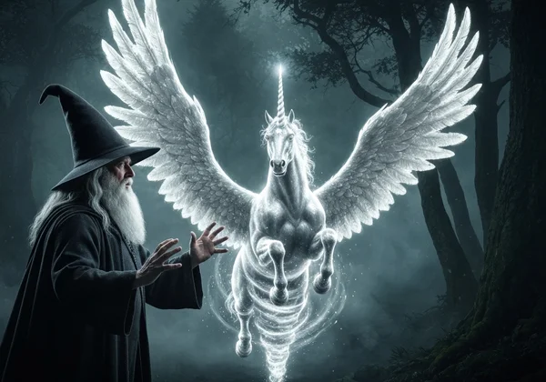 Wizard casting a bright Patronus against a dark Dementor.
