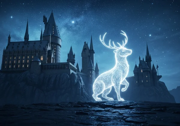 Shimmering Patronus and Hogwarts castle representing identity.