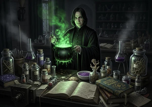 Severus Snape in a potion lab, showing cunning and ambition