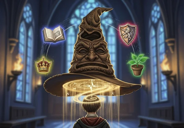 Sorting Hat guiding career path with magical compass