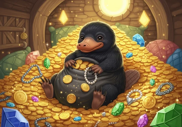 Charming Niffler with treasures, symbolizing Hufflepuff work ethic