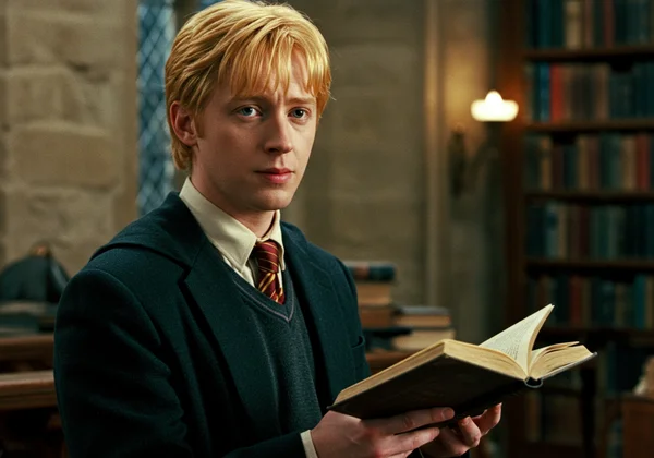 Remus Lupin, thoughtful with a book, showing quiet strength.