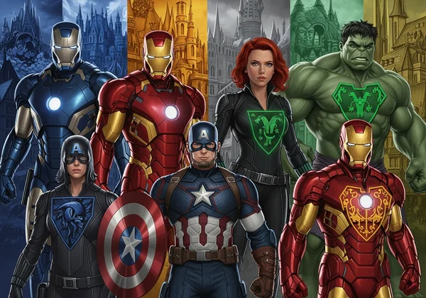 Sorted Marvel heroes in their Hogwarts house colors