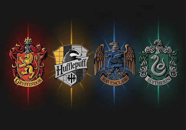 Four Hogwarts house crests with a magical glow